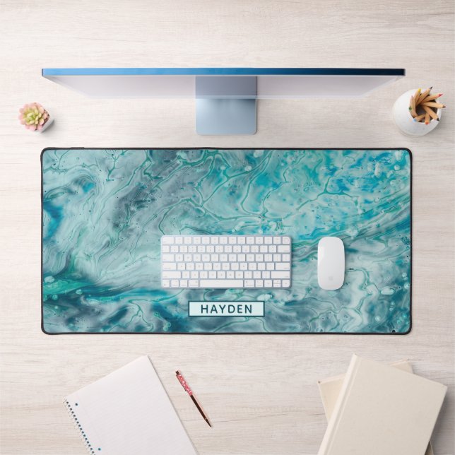 Turquoise Abstract Paint Pour Art Monogram Desk Mat (Office 1)