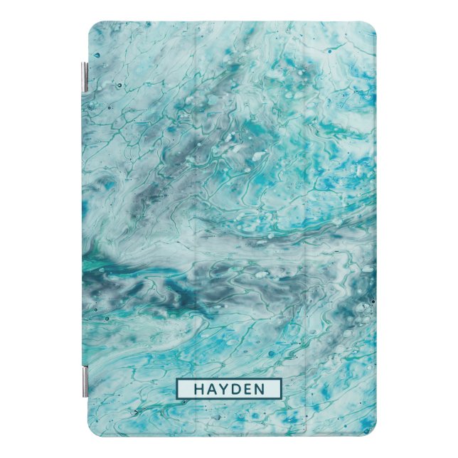 Turquoise Abstract Paint Pour Art Monogram iPad Pro Cover (Front)