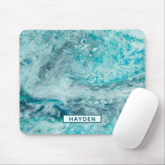 Turquoise Abstract Paint Pour Art Monogram Mouse Pad