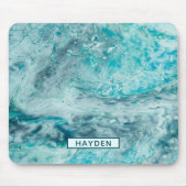 Turquoise Abstract Paint Pour Art Monogram Mouse Pad (Front)
