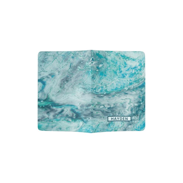 Turquoise Abstract Paint Pour Art Monogram Passport Holder (Opened)