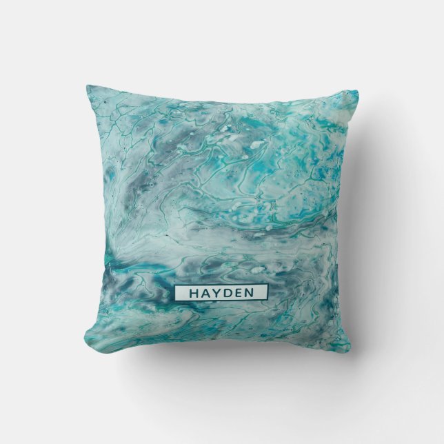 Turquoise Abstract Paint Pour Art Monogram Throw Pillow (Front)