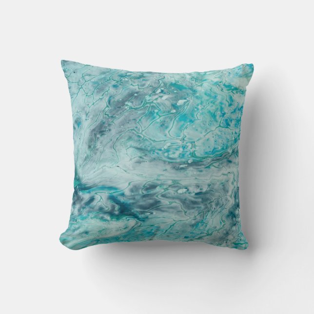 Turquoise Abstract Paint Pour Art Throw Pillow (Front)