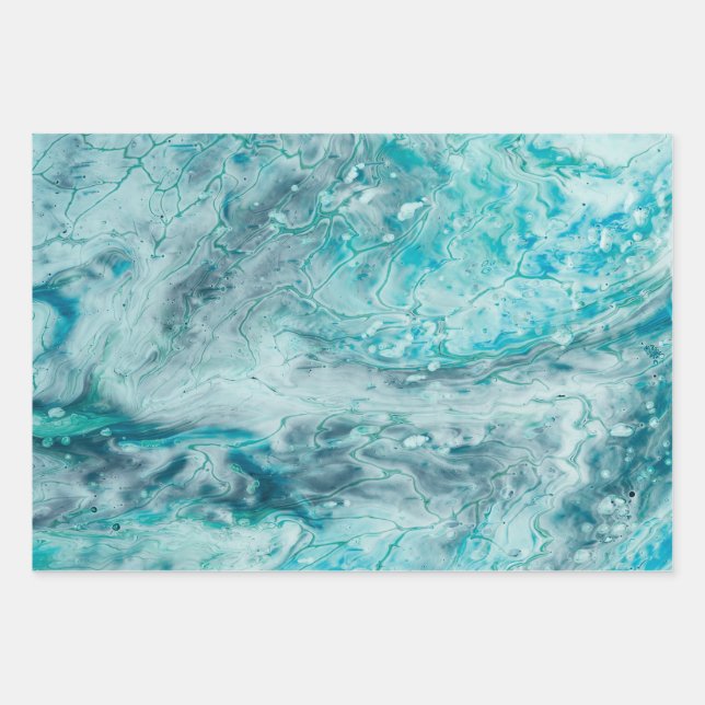 Turquoise Abstract Paint Pour Art Wrapping Paper Sheets (Front)