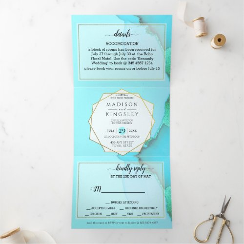 Turquoise Abstract Wonderful Wedding  Tri_Fold Invitation