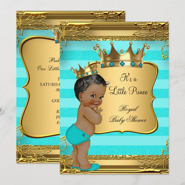 Turquoise African American Prince Baby Shower Invitation (Front/Back)