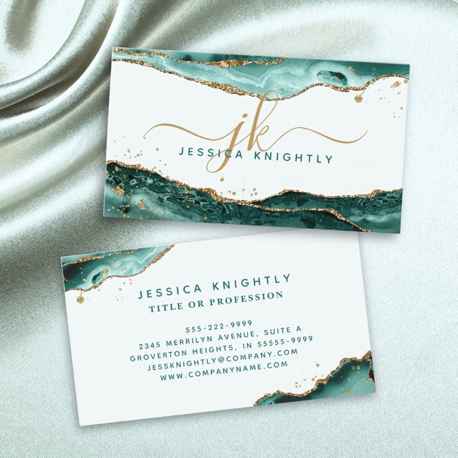 Turquoise Agate Faux Gold Glitter Monogram Script Business Card (Creator Uploaded)