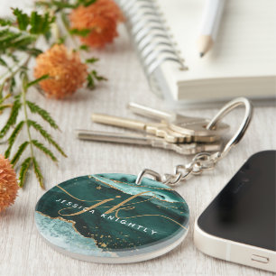 Turquoise Agate Geode Gold Glitter Script Monogram Keychain