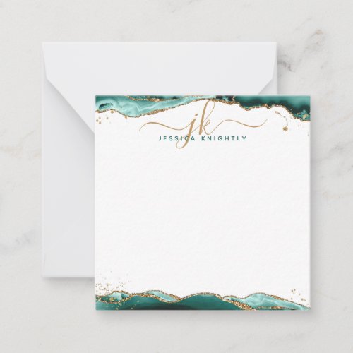 Turquoise Agate Geode Gold Glitter Script Monogram Note Card