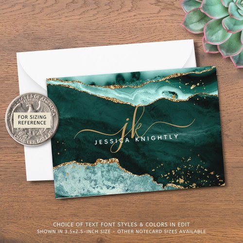 Turquoise Agate Geode Gold Glitter Script Monogram Note Card