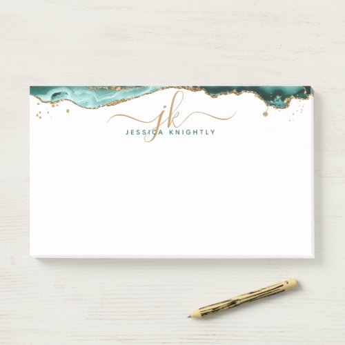 Turquoise Agate Geode Gold Glitter Script Monogram Post_it Notes