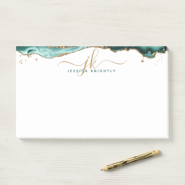 Turquoise Agate Geode Gold Glitter Script Monogram Post-it Notes (On Desk)
