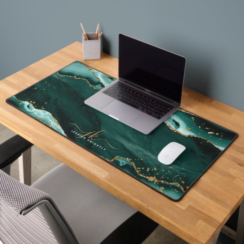 Turquoise Agate Geode Monogram Faux Gold Script Desk Mat