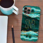 Turquoise Agate Geode Monogram Name Gold Glitter Case-Mate iPhone 14 Case<br><div class="desc">Elegant, stylish personalized cell phone case featuring turquoise teal agate, geode and marble with faux gold glitter with a monogram, initials or name shown in an editable modern font style in gold. OPTIONS: The sample is shown on an iPhone 14 Barely There case style--other phone models and case styles are...</div>