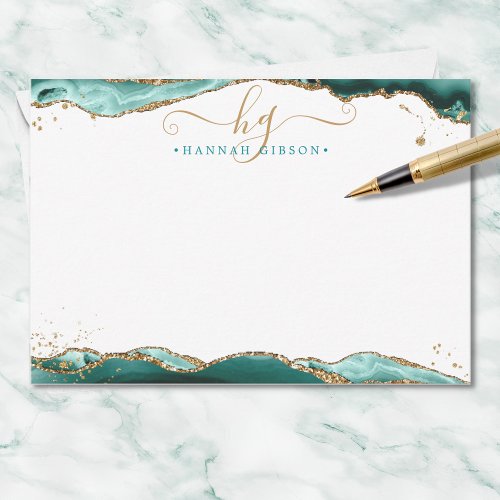 Turquoise Agate Geode Monogram Script Gold Glitter Note Card