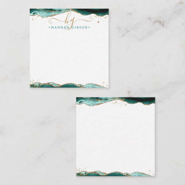 Turquoise Agate Geode Script Monogram Gold Glitter Note Card (Front/Back)