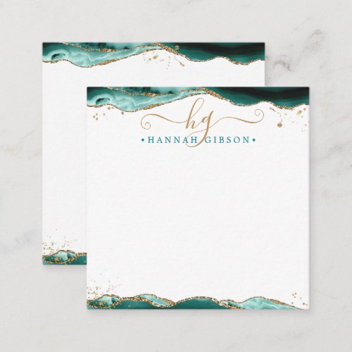 Turquoise Agate Geode Script Monogram Gold Glitter Note Card