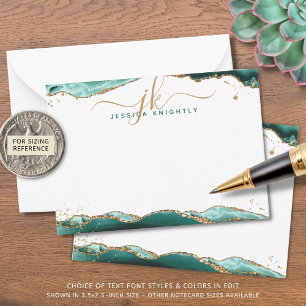 Turquoise Agate Geode Script Monogram Gold Glitter Note Card