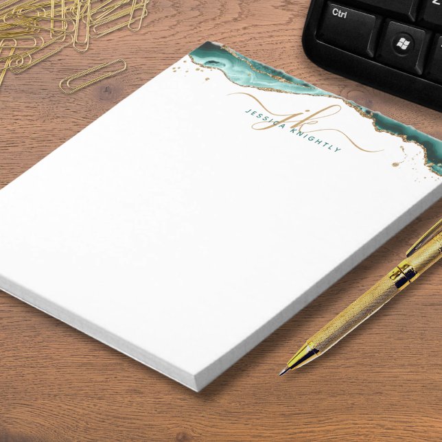 Turquoise Agate Geode Script Monogram Gold Glitter Notepad (Creator Uploaded)
