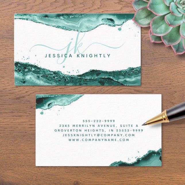  Turquoise Agate Glitter Monogram Script Business Card (Creator Uploaded)