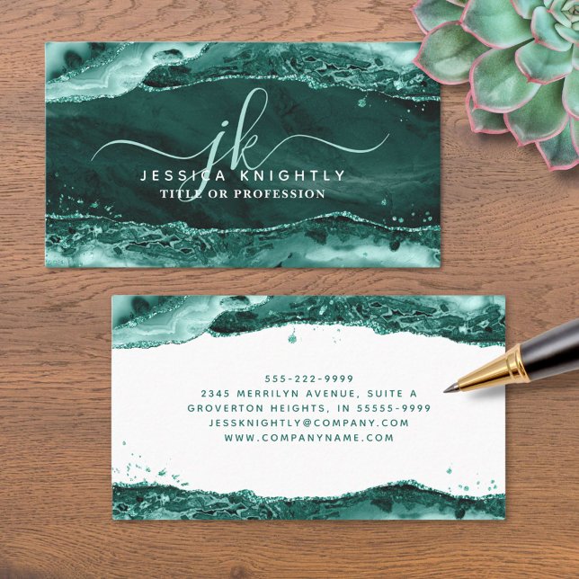  Turquoise Agate Glitter Monogram Script Swash Business Card (Creator Uploaded)