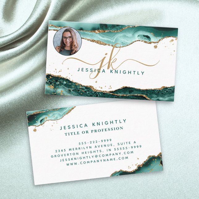  Turquoise Agate Gold Glitter Monogram Photo Business Card (Creator Uploaded)