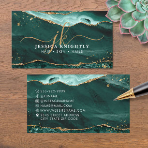 Turquoise Agate Gold Glitter Script Monogram Business Card