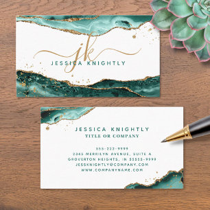  Turquoise Agate Gold Glitter Script Monogram Business Card