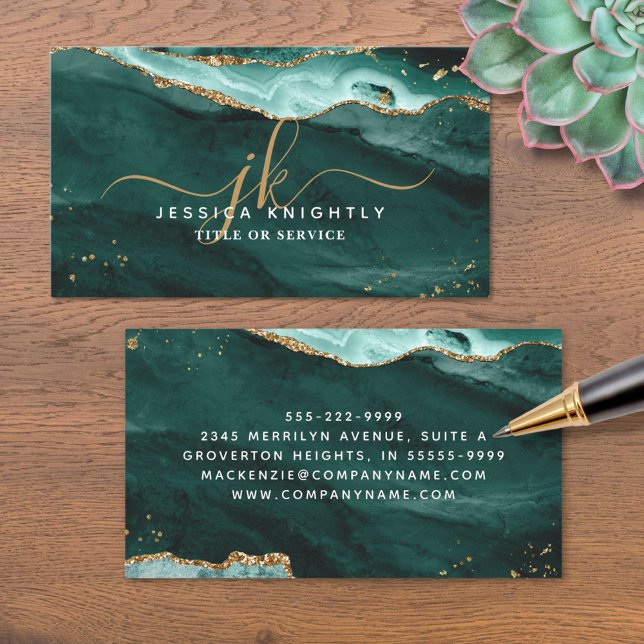  Turquoise Agate Gold Glitter Script Monogram Business Card (Creator Uploaded)