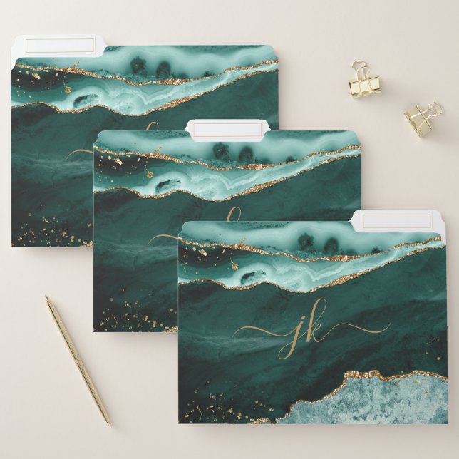 Turquoise Agate Gold Glitter Script Monogram File Folder (Set)