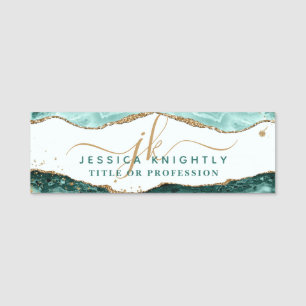 Turquoise Agate Gold Glitter Script Monogram Name Tag