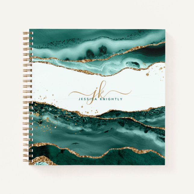 Turquoise Agate Gold Glitter Script Monogram Notebook (Front)