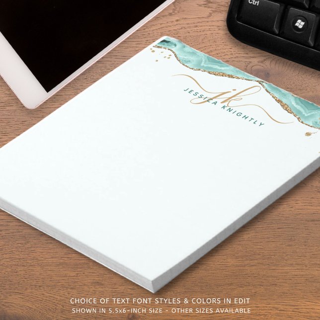 Turquoise Agate Gold Glitter Script Monogram Notepad (Creator Uploaded)