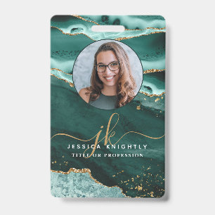 Turquoise Agate Gold Glitter Script Monogram Photo Badge