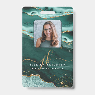Turquoise Agate Gold Glitter Script Monogram Photo Badge