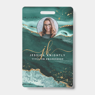 Turquoise Agate Gold Glitter Script Monogram Photo Badge