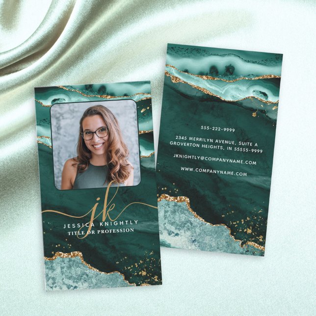 Turquoise Agate Gold Glitter Script Monogram Photo Business Card (Creator Uploaded)