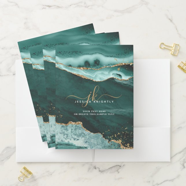 Turquoise Agate Gold Glitter Script Monogram Pocket Folder (In Situ)