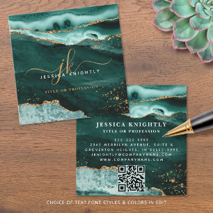 Turquoise Agate Gold Glitter Script Monogram QR Square Business Card