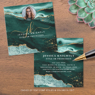 Turquoise Agate Gold Glitter Script Photo Square Business Card