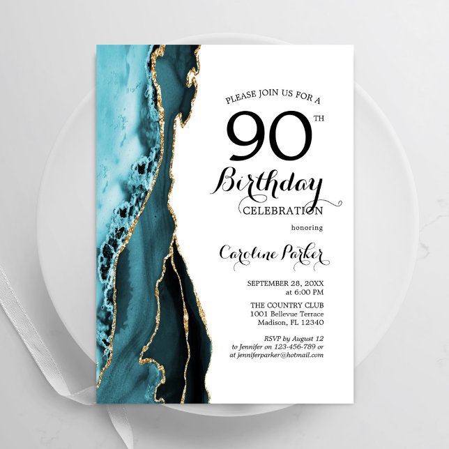 Turquoise Agate Gold White 90th Birthday Invitation (Creator Uploaded)