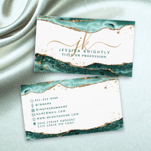 Turquoise Agate Script Monogram Gold Glitter Business Card