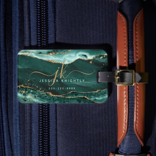 Turquoise Agate Script Monogram Gold Glitter Luggage Tag