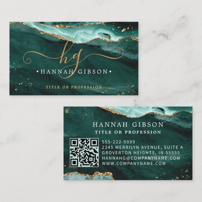  Turquoise Agate Script Monogram QR Code Glitter Business Card (Front/Back)