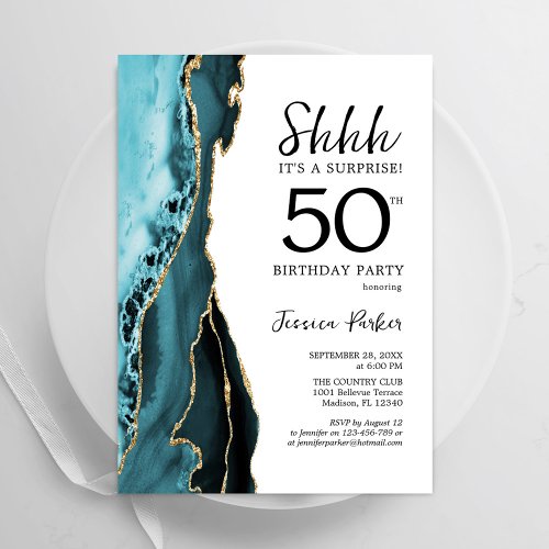 Turquoise Agate White Gold Surprise 50th Birthday Invitation