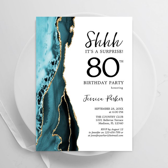 Turquoise Agate White Gold Surprise 80th Birthday Invitation (Creator Uploaded)