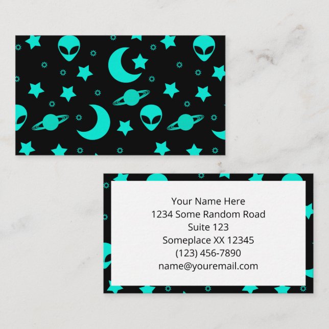 Turquoise Alien Pattern with Stars and Moons Business Card (Front/Back)