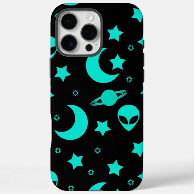 Turquoise Alien Pattern with Stars and Moons Case-Mate iPhone Case (Back)