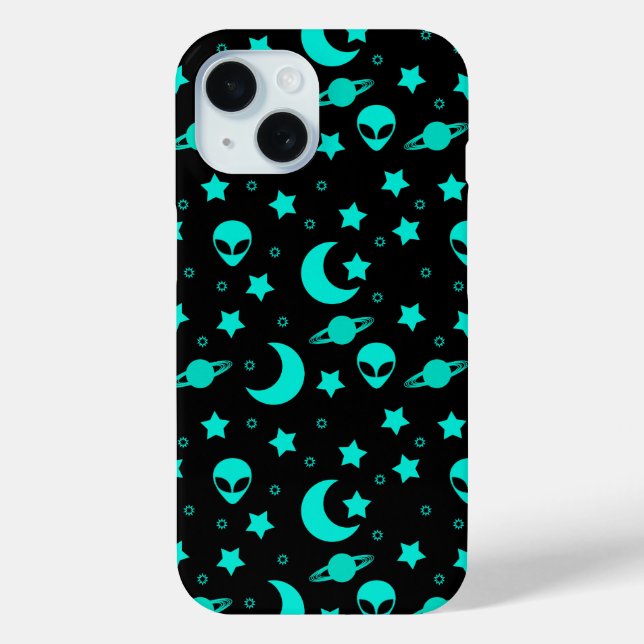 Turquoise Alien Pattern with Stars and Moons Case-Mate iPhone Case (Back)