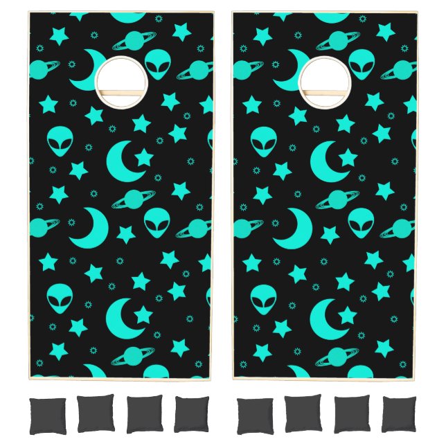 Turquoise Alien Pattern with Stars and Moons Cornhole Set (Set)